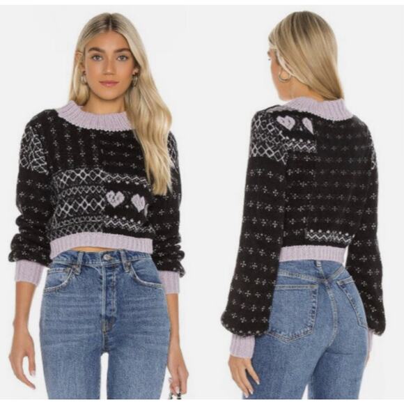 Free People Snow Globe Wool-Blend Sweater Women’s Medium Onyx Combo Boxy Cropped - Picture 1 of 8
